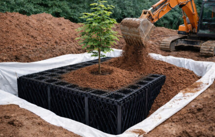 Excavator filling stormwater system with soil - 3