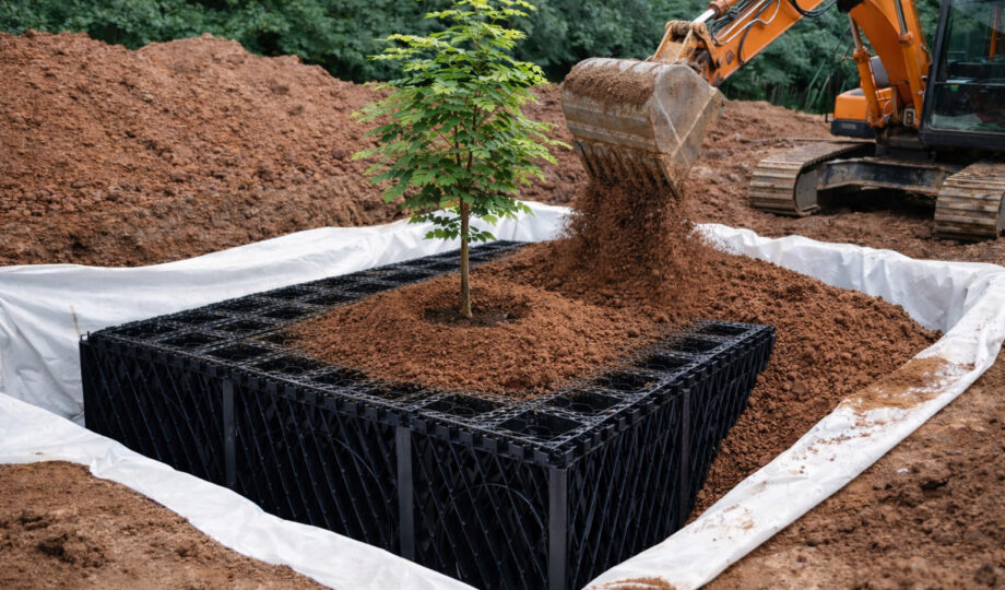 Excavator filling stormwater system with soil - 3